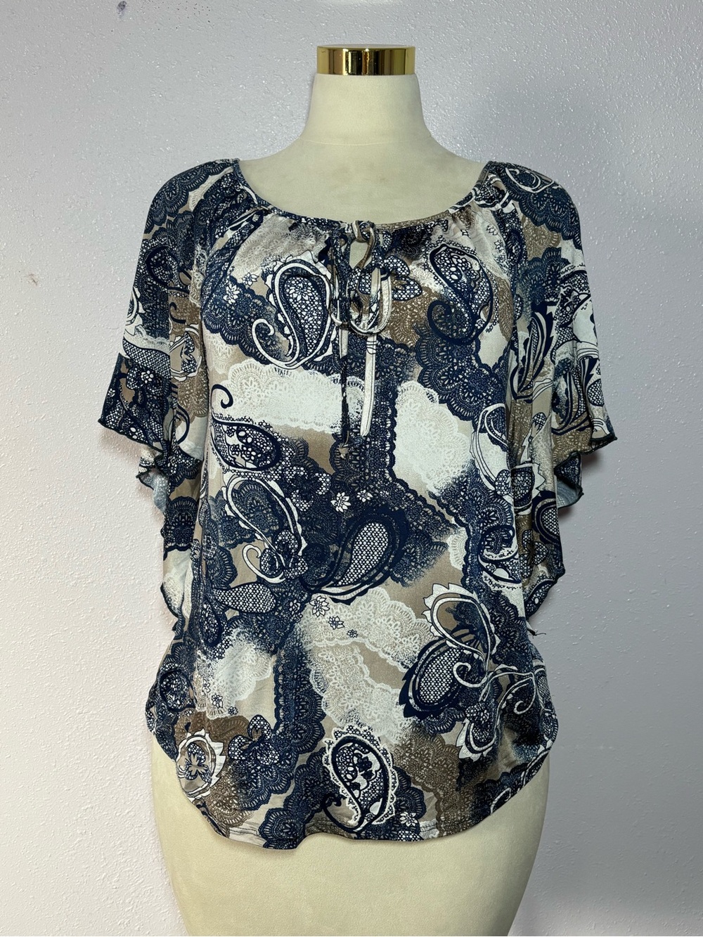 Espresso Navy, Taupe & White Paisley Tie-Front Blouse